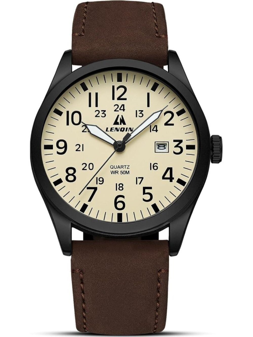LN LENQIN Men's Brown Military Analog Quartz Waterproof Wrist Leather Band Watch